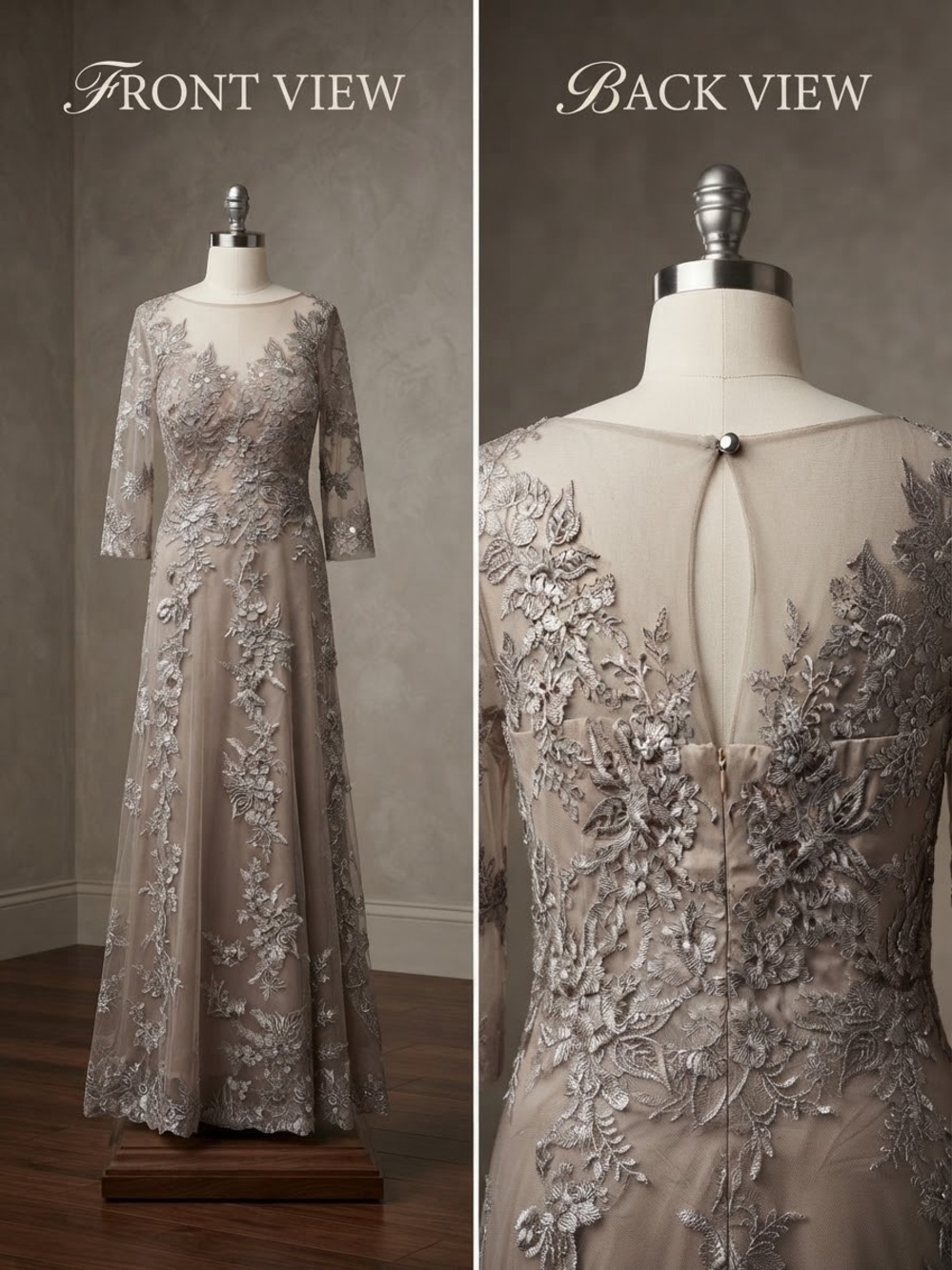 Embroidered Illusion Neck Evening Gown - Taupe size L